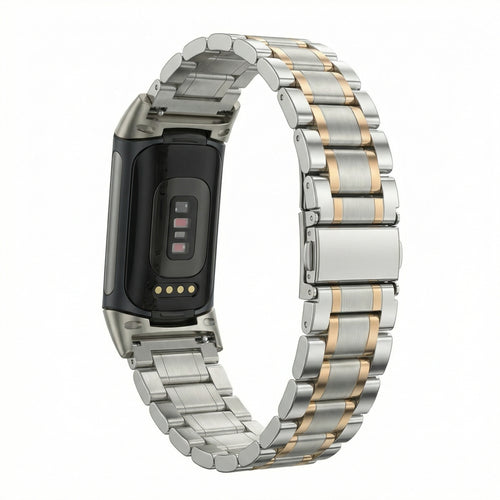 Fitbit Charge 5 Metall Link Armband (Silber/Rosa)