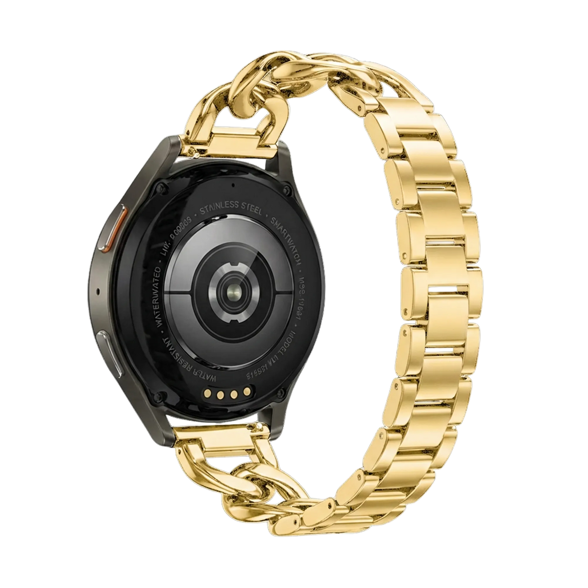 Steel Chain Strap, gold, on a watch, 3/4 rear view