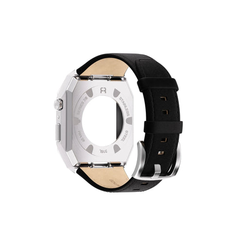 Reqior Apple Watch 45mm Metal Case with Leather Strap (Silver/Black)
