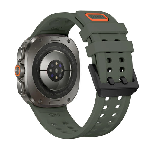 Silicone Strap, dark green, on a watch, 3/4 rear view