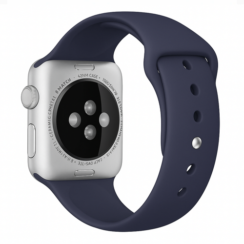 Silicone Strap, blue, on a watch, 3/4 rear view