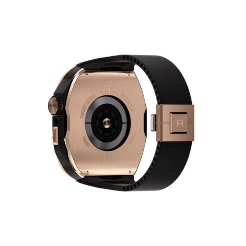 Silicone Case with Rubber Strap, rose gold/black, on a watch, 3/4 rear view