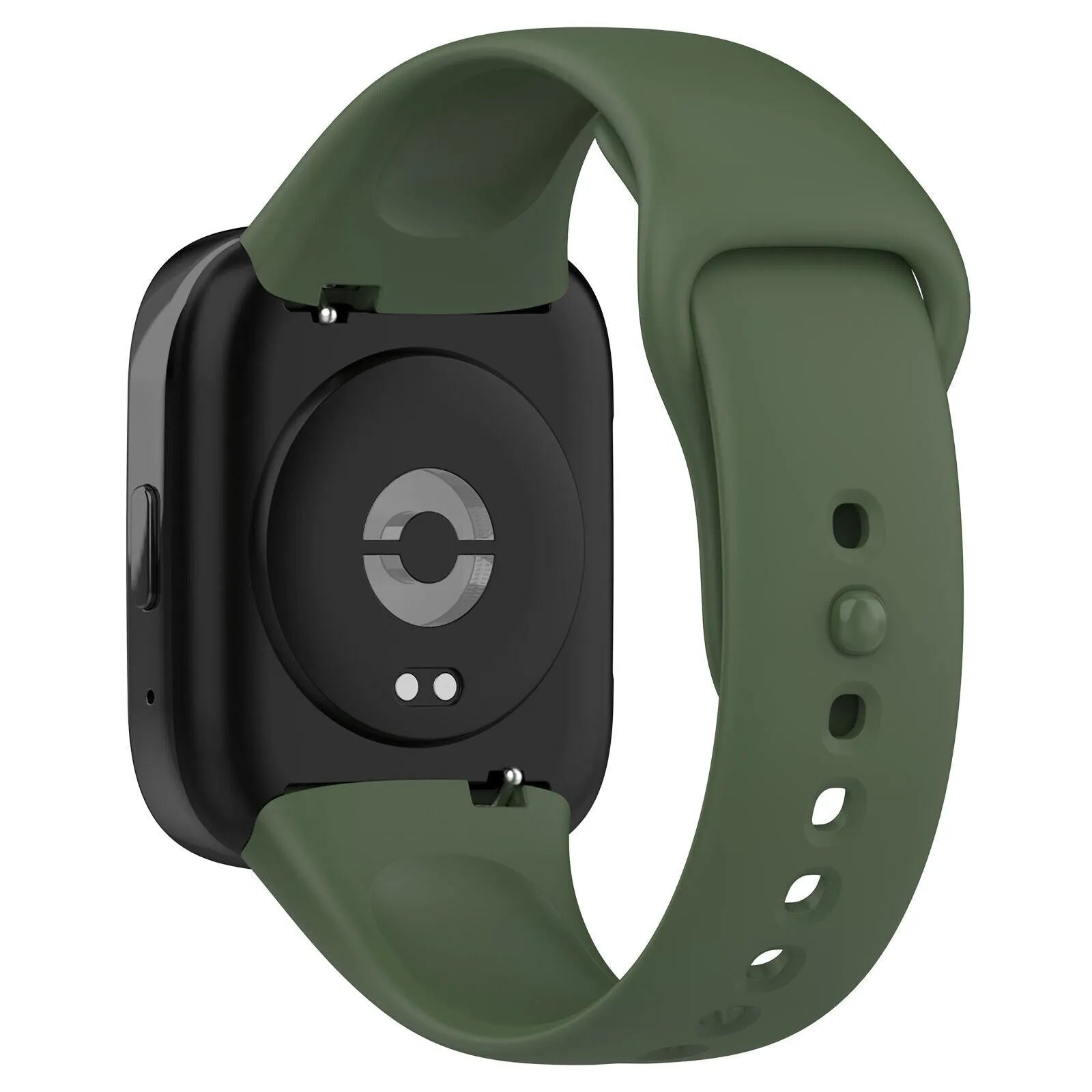Silicone Strap, dark green, on a watch, 3/4 rear view