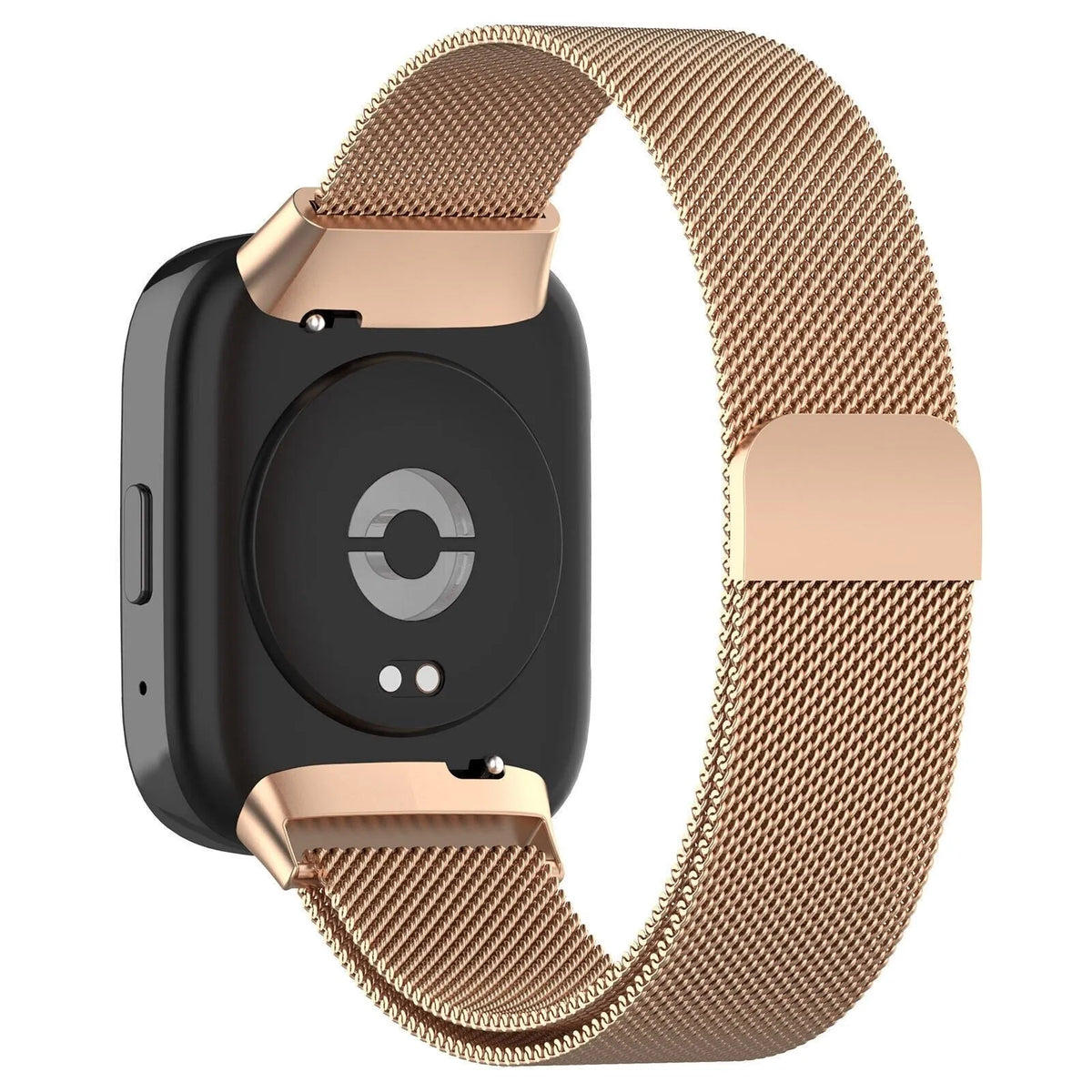 Milanese Strap, rose gold, on a watch, 3/4 rear view