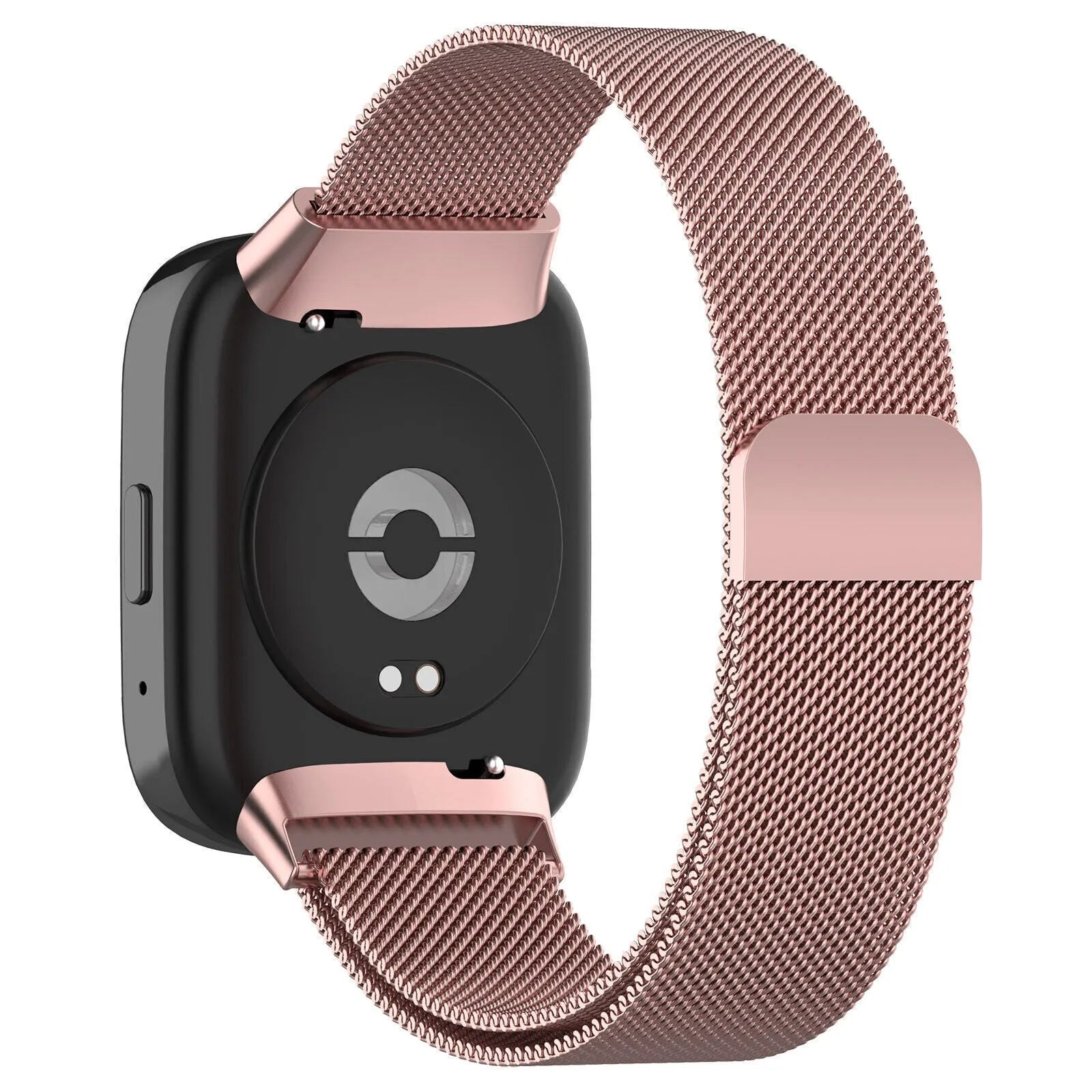 Milanese Strap, pink, on a watch, 3/4 rear view