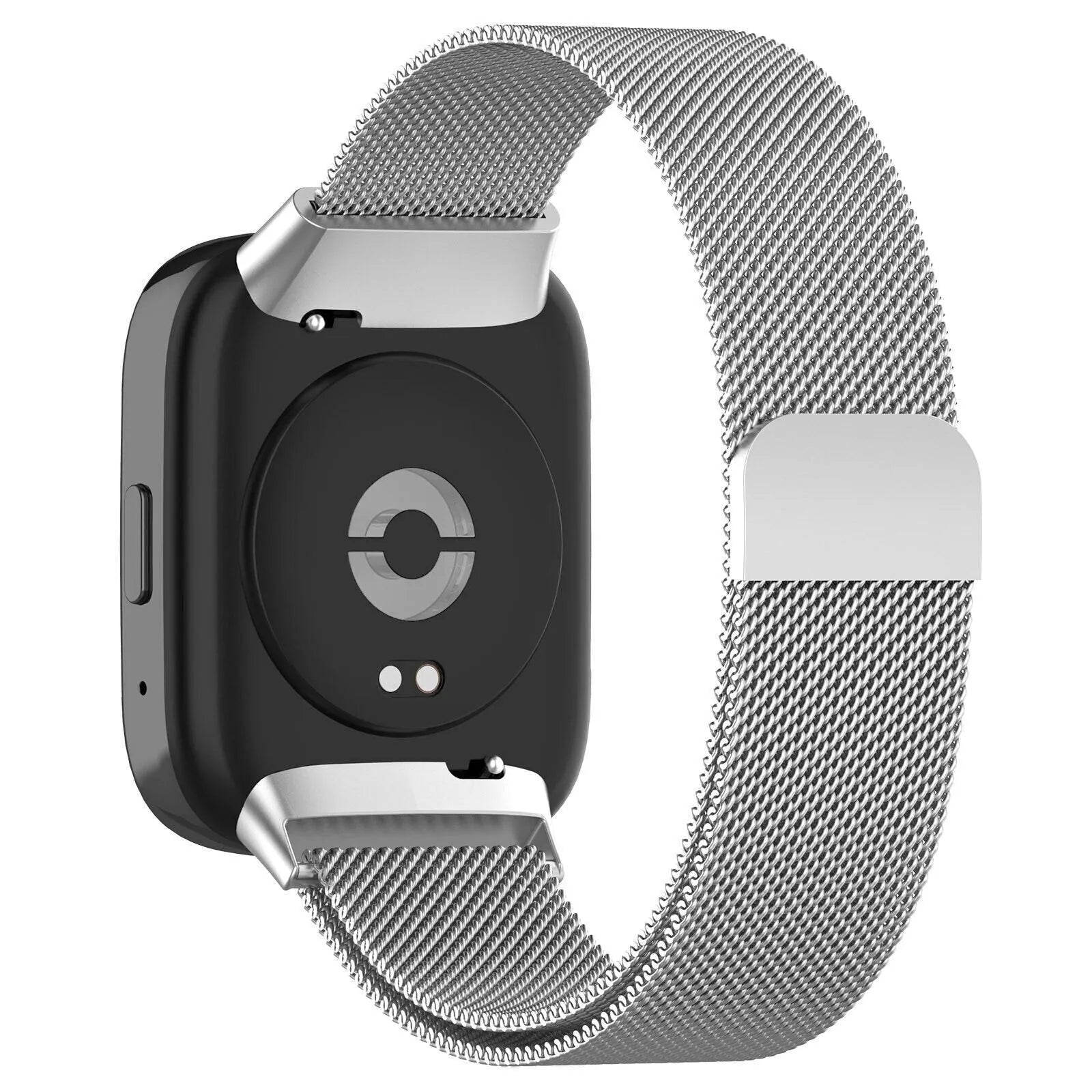 Milanese Strap, silver, on a watch, 3/4 rear view