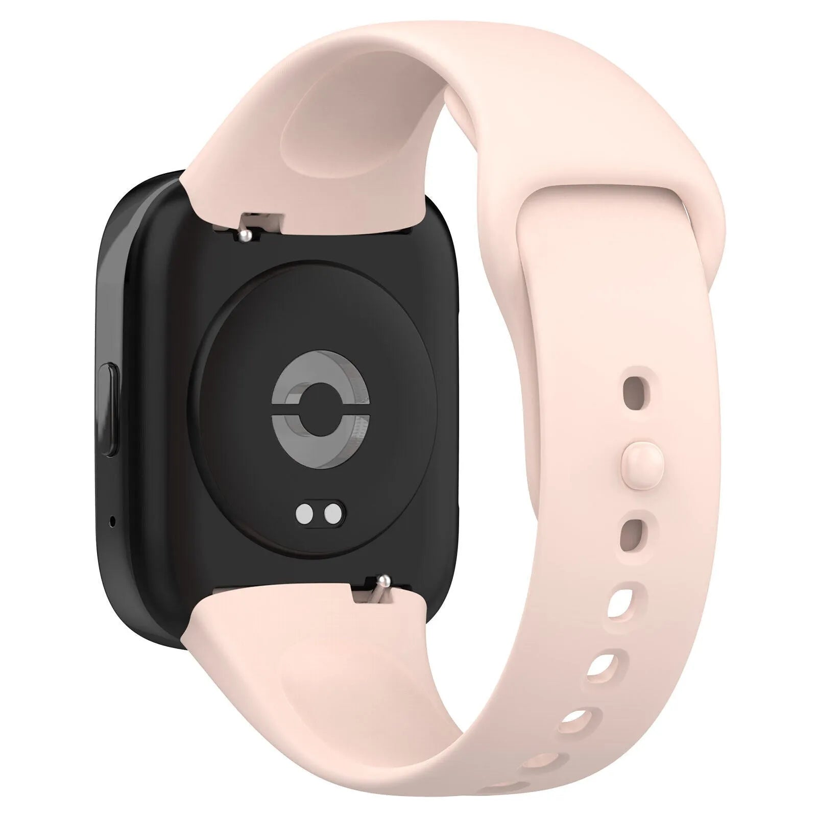 Silicone Strap, pink, on a watch, 3/4 rear view