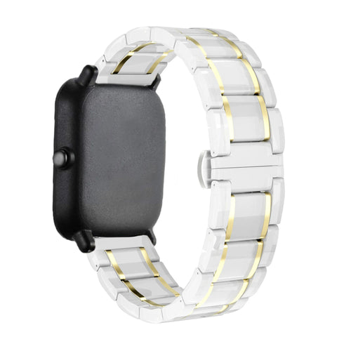 Metal Ceramic Link Strap, white/gold, on a watch, 3/4 rear view