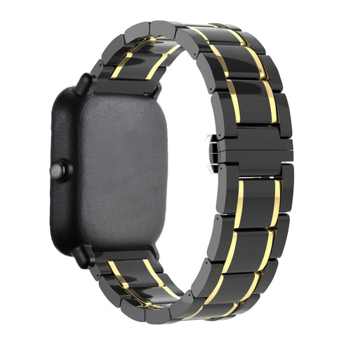 Metal Ceramic Link Strap, black/gold, on a watch, 3/4 rear view