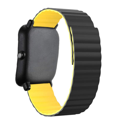 Magnetic Silicone Strap, black/yellow, on a watch, 3/4 rear view