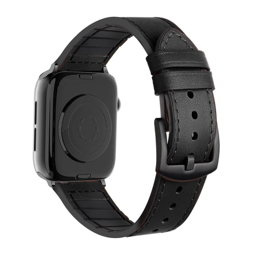 Leather Hybrid Strap, black, on a watch, 3/4 rear view