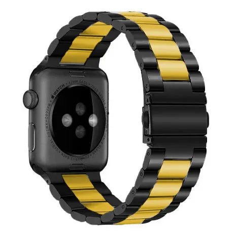 Steel Strap, black/gold, on a watch, 3/4 rear view