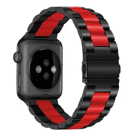 Steel Strap, black/red, on a watch, 3/4 rear view