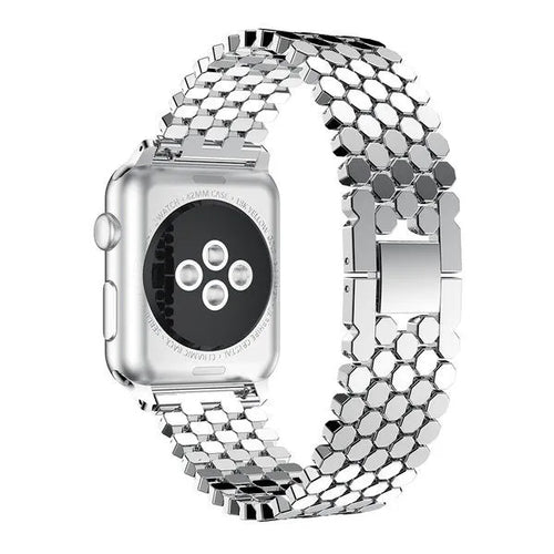 Steel Strap Hexagons, silver, on a watch, 3/4 rear view