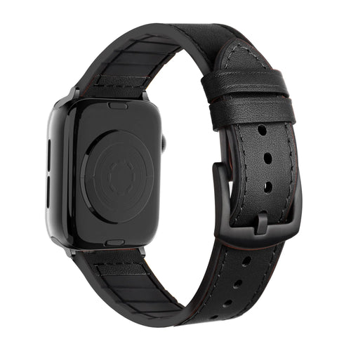 Leather Hybrid Strap, black, on a watch, 3/4 rear view