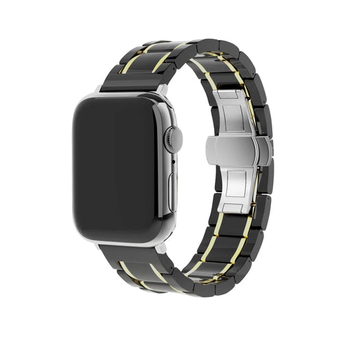 Metal Ceramic Link Strap, black/gold, on a watch, 3/4 rear view