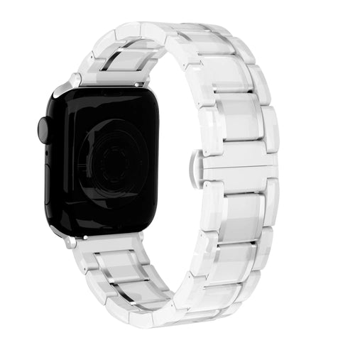 Metal Ceramic Link Strap, white/silver, on a watch, 3/4 rear view