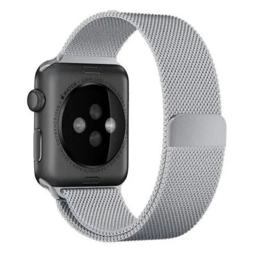 Milanese Strap, silver, on a watch, 3/4 rear view