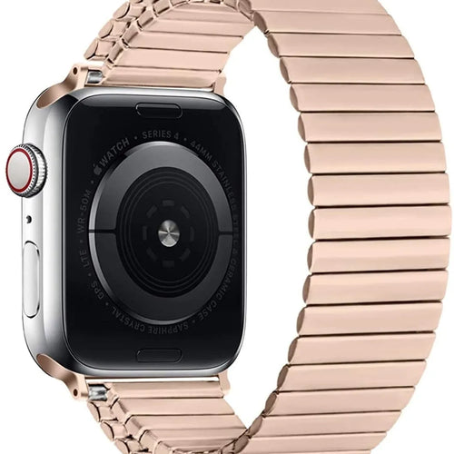Elastic Steel Strap, rose gold, on a watch, 3/4 rear view