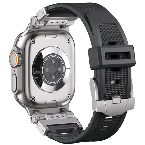 Silicone TPU Armour Strap, black, on a watch, 3/4 rear view