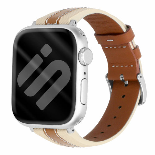Slim Hybrid Leather Strap, beige/brown, on a watch, 3/4 rear view