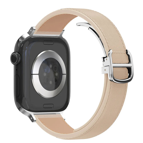 Leather Strap 'D-Type', beige, on a watch, 3/4 rear view