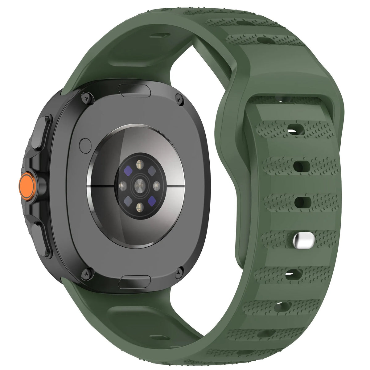 Outdoor Silicone Strap, army green, on a watch, 3/4 rear view