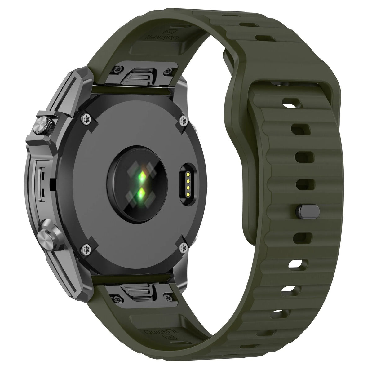 Outdoor Silicone Strap, army green, on a watch, 3/4 rear view