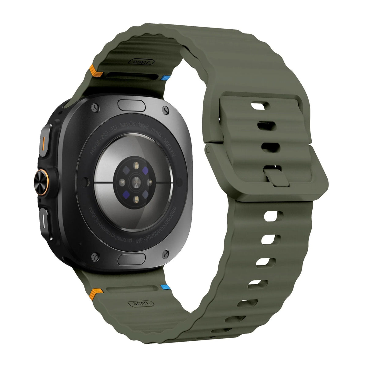 Wave Silicone Strap, army green, on a watch, 3/4 rear view