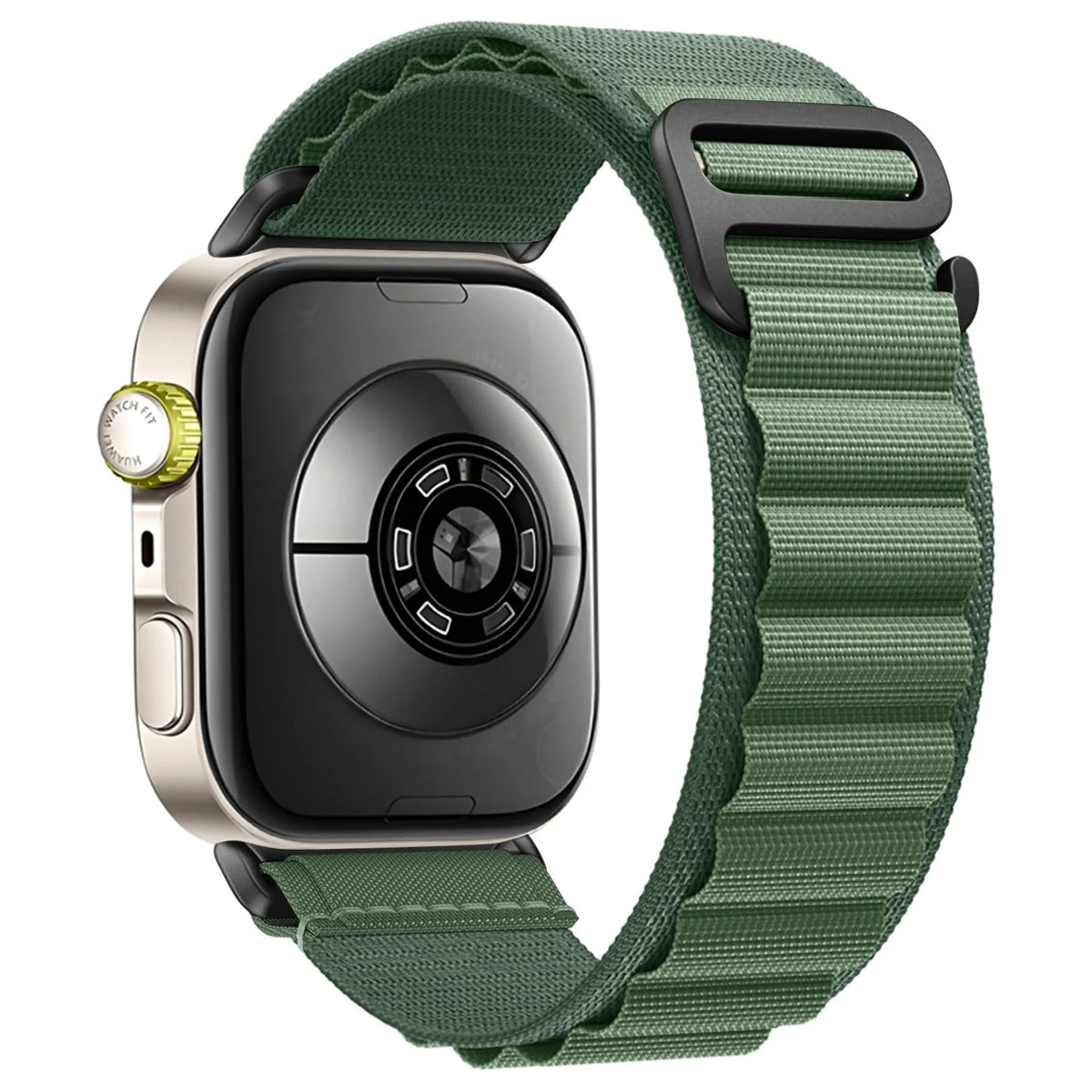 Alpine Nylon Strap, army green, on a watch, 3/4 rear view