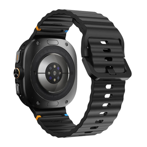 Wave Silicone Strap, black, on a watch, 3/4 rear view