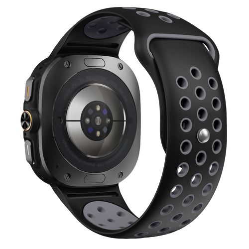 Silicone Sport Strap, black/grey, on a watch, 3/4 rear view