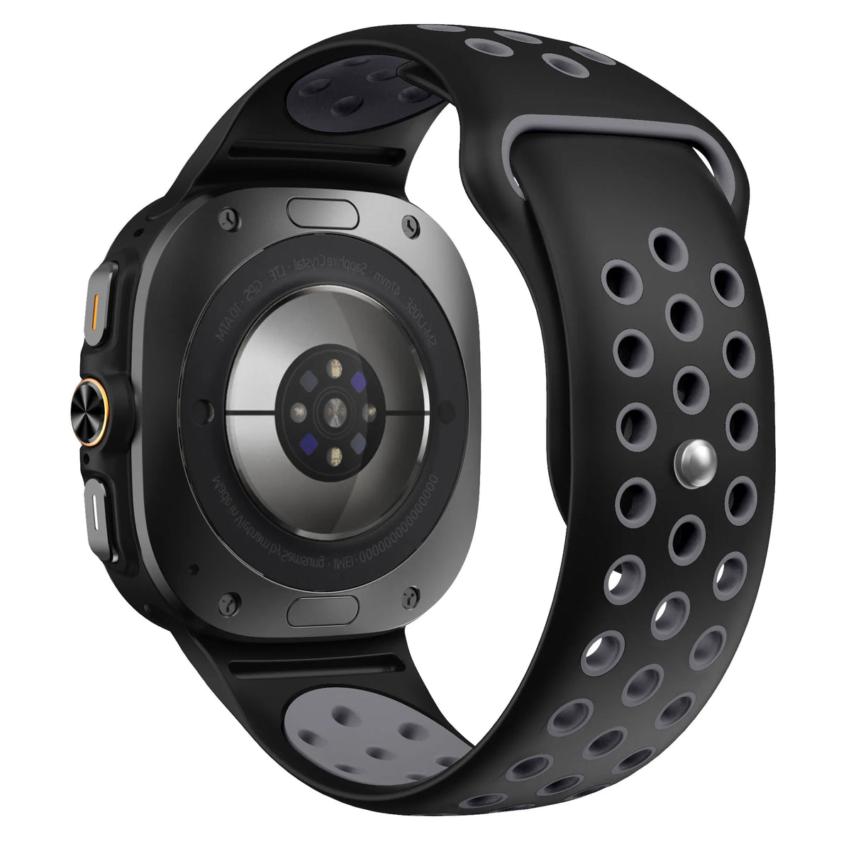 Silicone Sport Strap, black/grey, on a watch, 3/4 rear view