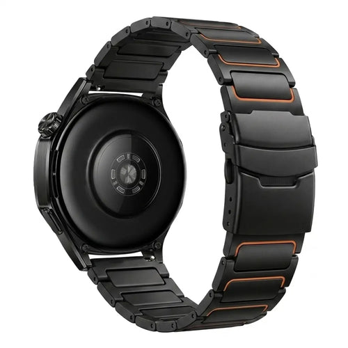 Turtle Titanium Strap, black/orange, on a watch, 3/4 rear view