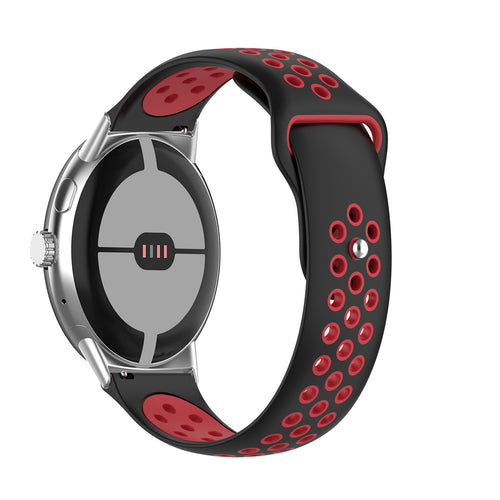 Silicone Sport Strap, black/red, on a watch, 3/4 rear view