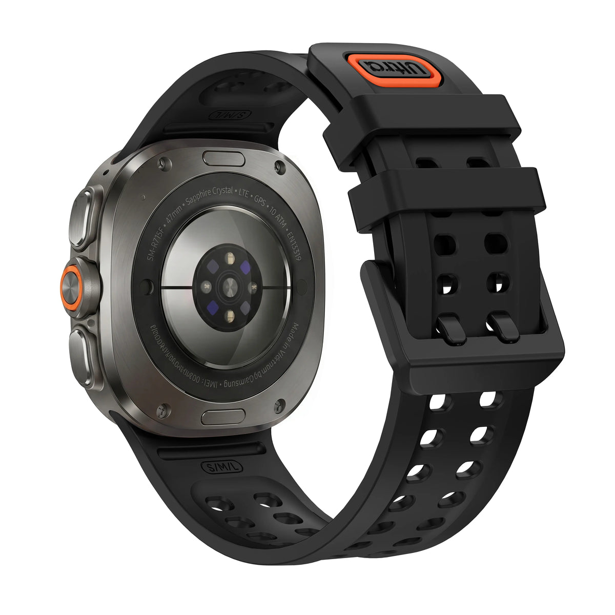 Silicone Strap, black, on a watch, 3/4 rear view