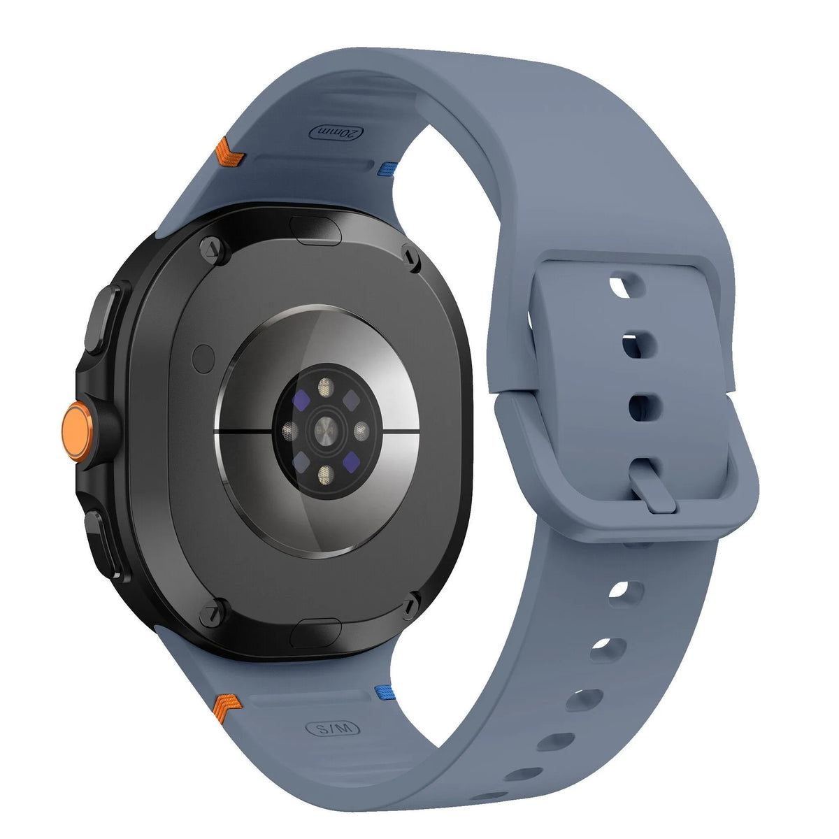 Silicone Strap, grey-blue, on a watch, 3/4 rear view