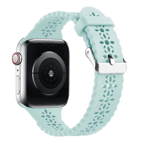 Patterned Silicone Strap, ocean green, on a watch, 3/4 rear view