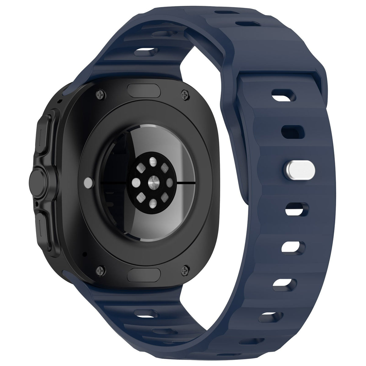 Outdoor Silicone Strap, dark blue, on a watch, 3/4 rear view