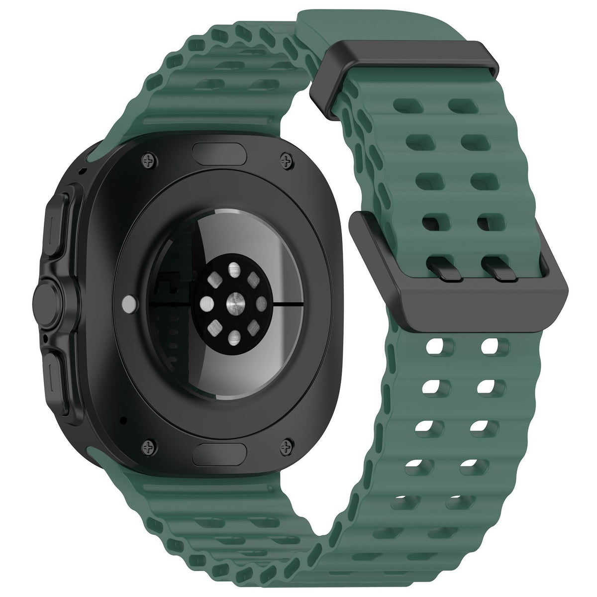 Silicone Ocean Strap, dark green, on a watch, 3/4 rear view