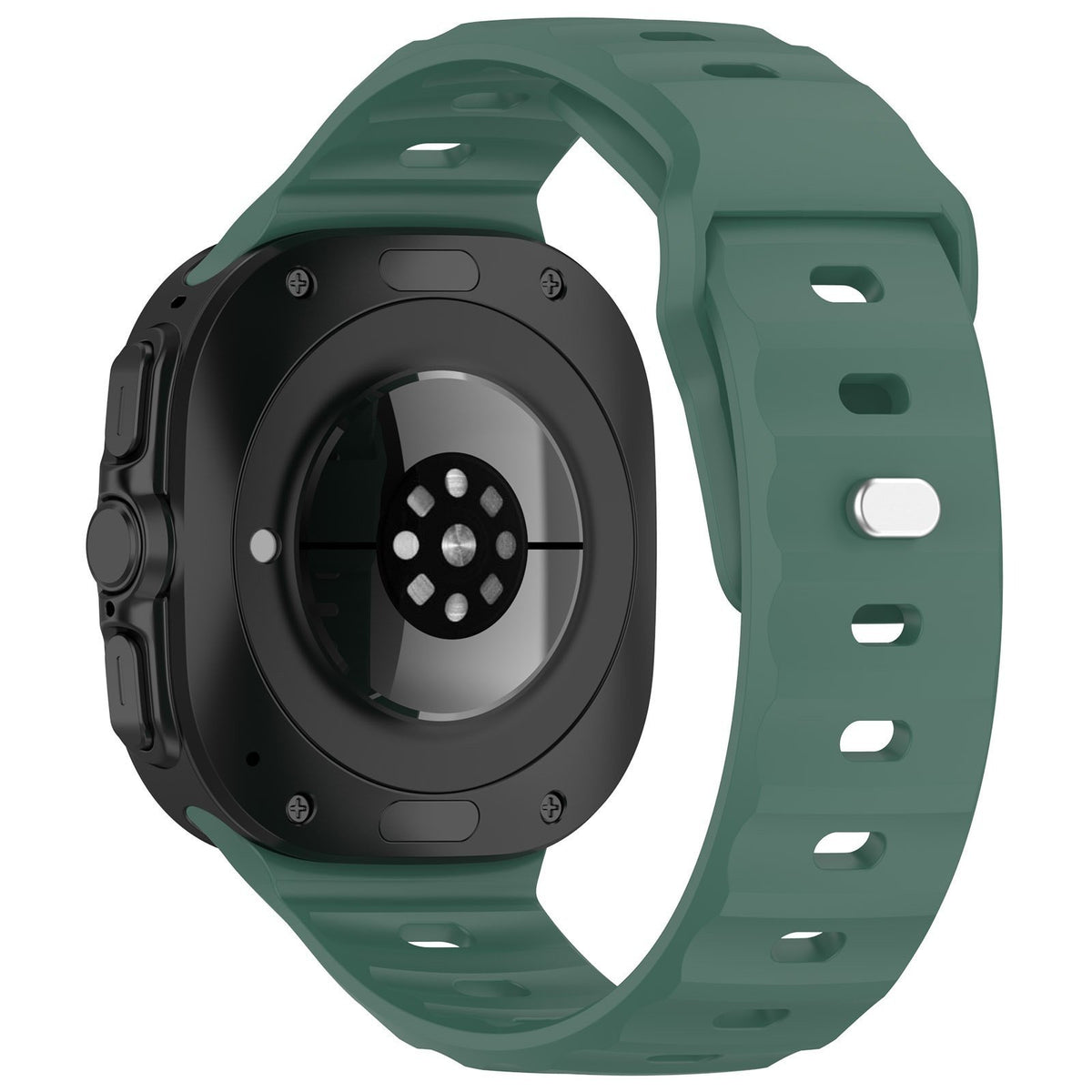 Outdoor Silicone Strap, dark green, on a watch, 3/4 rear view