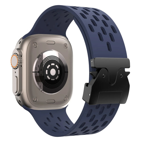 Silicone Strap 'Air' P-Buckle, dark blue, on a watch, 3/4 rear view