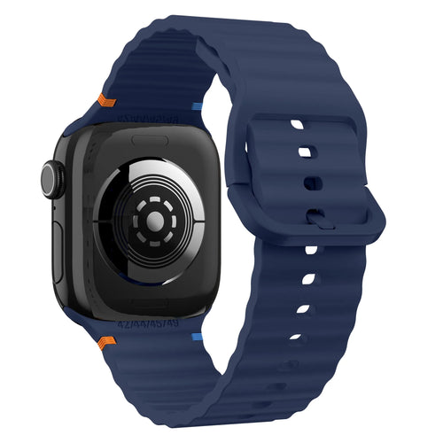 Wave Silicone Strap, dark blue, on a watch, 3/4 rear view
