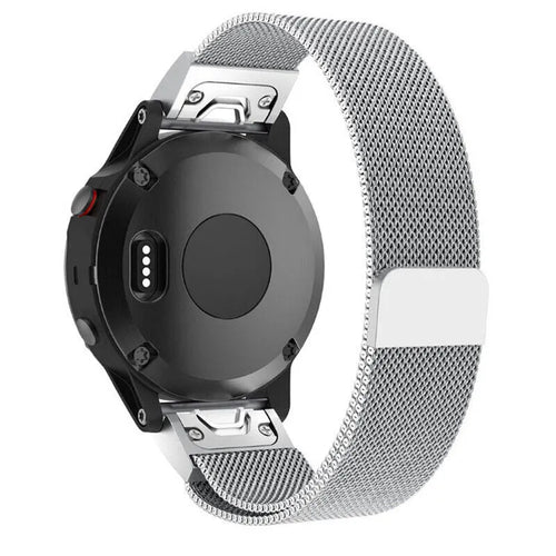 Milanese Strap, silver, on a watch, 3/4 rear view