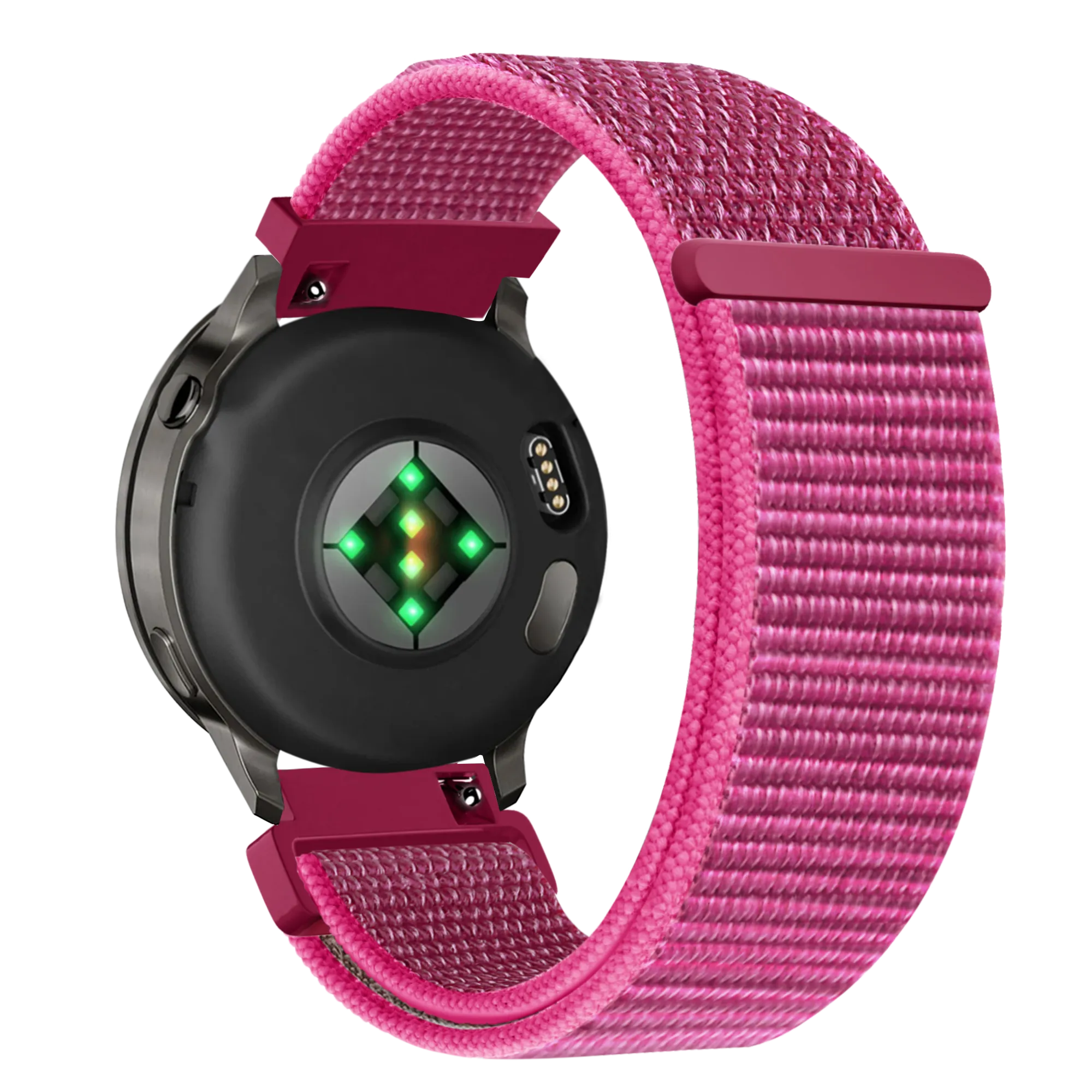 Nylon Loop Strap, dragonfruit, on a watch, 3/4 rear view
