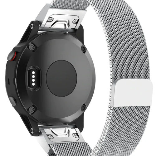 Milanese Strap, silver, on a watch, 3/4 rear view
