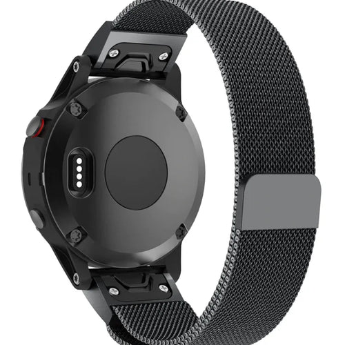 Milanese Strap, black, on a watch, 3/4 rear view