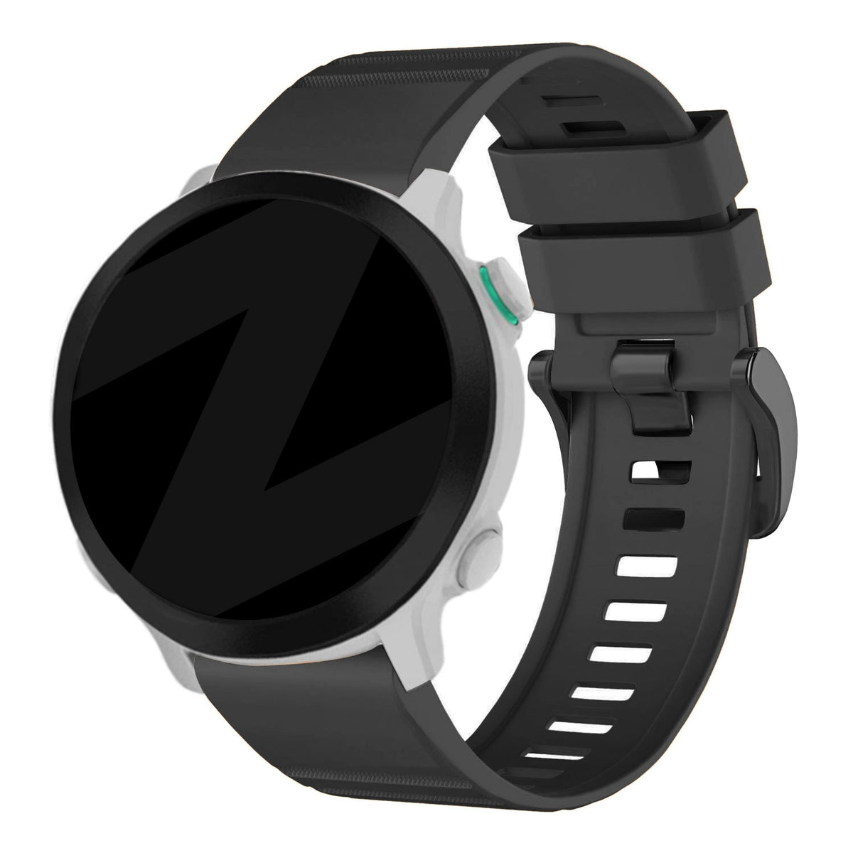 Buckled Silicone Strap, black, on a watch, 3/4 rear view