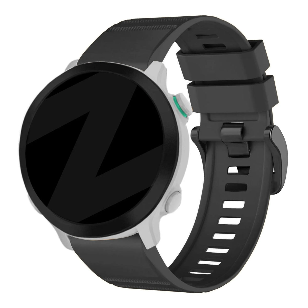 Buckled Silicone Strap, black, on a watch, 3/4 rear view