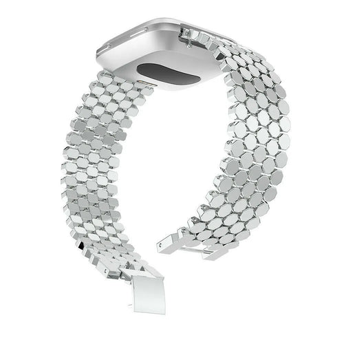 Steel Strap Hexagons, silver, on a watch, 3/4 rear view